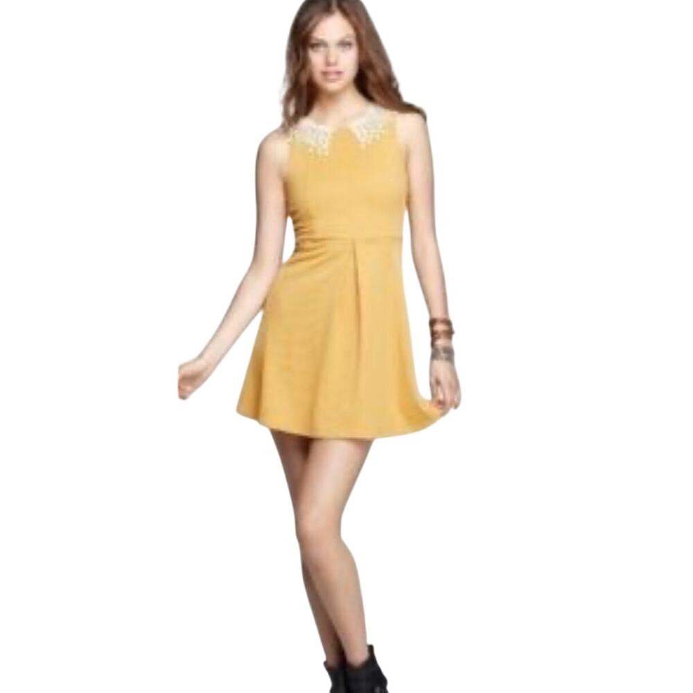 FREE PEOPLE Boho Cottagecore Mustard Honeycomb Knit Lace Mini Dress